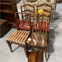 PAIR OF RED LEATHER SEAT CHAIRS, 2 WOODEN ACCENT