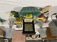 PAIR OF GLASS BOUDOIR LAMPS, MANTLE CLOCK, GROUP