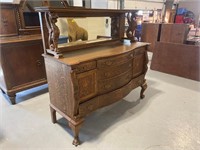 ANTIQUE CARVED TIGER OAK WOOD SIDEBOARD W/ MIRROR