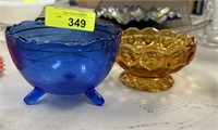 FOOTED BLUE BOWL & LG WRIGHT AMBER GLASS BOWL