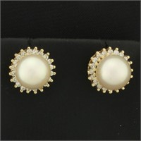 Akoya Pearl and Diamond Halo Button Earrings in 14