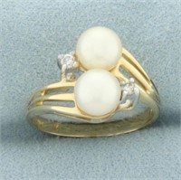 Cultured Akoya Pearl and Diamond Toi et Moi Ring i