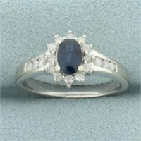 Sapphire and Diamond Halo Ring in 10k White Gold
