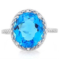 Huge 5CT Lab Swiss Blue Topaz and Diamond Halo Rin