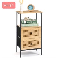 DOVAMY Set of 2 Nightstand with Drawers, Rattan En