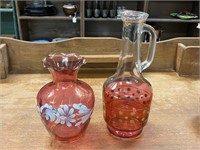 Vintage Fenton Cranberry Vase & Vintage Decanter