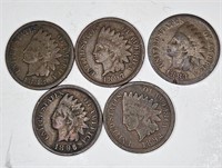 FIVE pre 1900 Indian Head Cents
