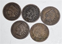 Five Pre 1900 Indian Head Cents