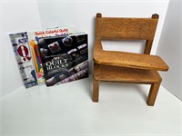 ANTQ SMALL WOODEN SCHOOL DESK, QUILT BOOKS