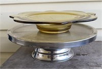 Silver pedestal cake plate and yellow bowl
