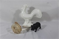 Ceramic Rooster, Glass piggy bank, &  iron pig