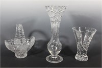 Beautiful Cut Crystal; 2 vases & 1 basket