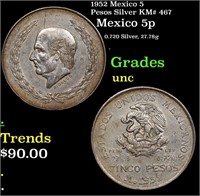 1952 Mexico 5 Pesos Silver KM# 467 Grades Brillian