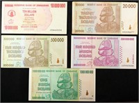Lot of 5 2007-2008 Zimbabwe Hyperinflation Notes,