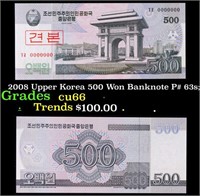 2008 Upper Korea 500 Won Banknote P# 63s;  Grades