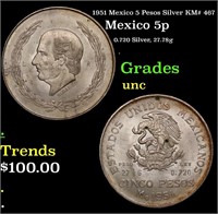 1951 Mexico 5 Pesos Silver KM# 467 Grades Brillian