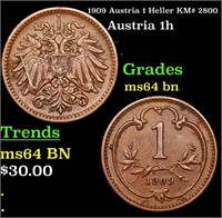 1909 Austria 1 Heller KM# 2800 Grades Choice Unc B