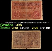 1918 Germany (WWI Era) 20 Marks Banknote P# 57 Gra