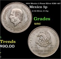 1952 Mexico 5 Pesos Silver KM# 467 Grades Brillian