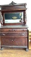 Antique hutch, hardwood with mirror back, carved