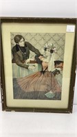 Colored etching of courting couple in chippy