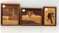 3 wooden inlay pictures lighthouse, air balloon