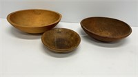 (3) wooden bowls, one is breaking, 13.5x3.5,