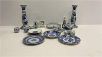 Various blue and white china dishes including