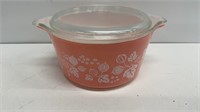 Vintage Pyrex pink gooseberry lidded casserole