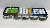 (3) boxes of new and used golf balls and (5) club