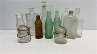 Vintage Decanter, milk bottles, and atlas jars