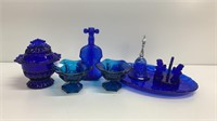 (7) Blue glass lot- candy dish, candle holder,