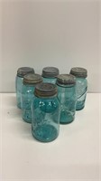 (6) blue mason jars with zinc lids
