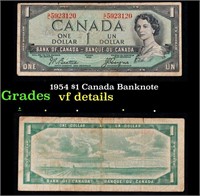 1954 $1 Canada Banknote Grades vf details