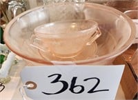 Pink Depression Glass Bowl, Sugar & Creamer