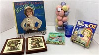 Vintage Shirley Temple glass, movie book, tin