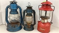 3 lanterns, 1 Coleman and 2 DIETZ blue color