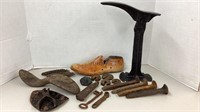 Antique shoe form, railroad spikes, key, clock