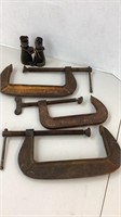 3 giant c clamps, damaged binoculars with enamel