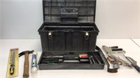 Rubbermaid toolbox with tools: hammer, flat file,