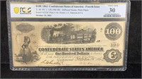 Cert. Currency: PCGS VF30 1862 $100 Confederate