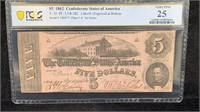 Cert. Currency: PCGS VF25 1862 $5 Confederate