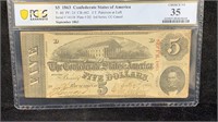 Cert. Currency: PCGS CH VF35 1863 $5 Confederate