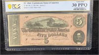 Cert. Currency: PCGS VF30 PPQ 1864 $5 Confederate