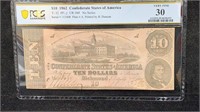 Cert. Currency: PCGS VF30 1862 $10 Confederate