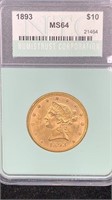 Gold: 1893 NTC MS64 $10 Liberty Head Gold Coin,
