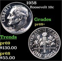 Proof 1958 Roosevelt Dime 10c Grades GEM++ Proof