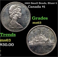 1965 Small Beads, Blunt 5 Canada Dollar 1 Grades S