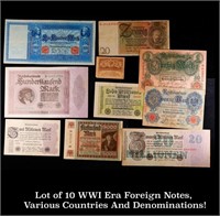 Lot of 10 WWI Era Foreign Notes, Various Countries