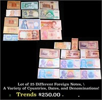 Lot of 25 Different Foreign Notes, A Variety of Co